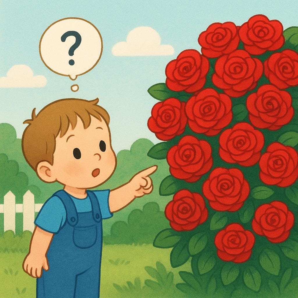 Uma criança pequena parada em um jardim exuberante, apontando para um grupo denso de rosas vermelhas com uma expressão inquisitiva, sugerindo uma pergunta sobre quantidade.
