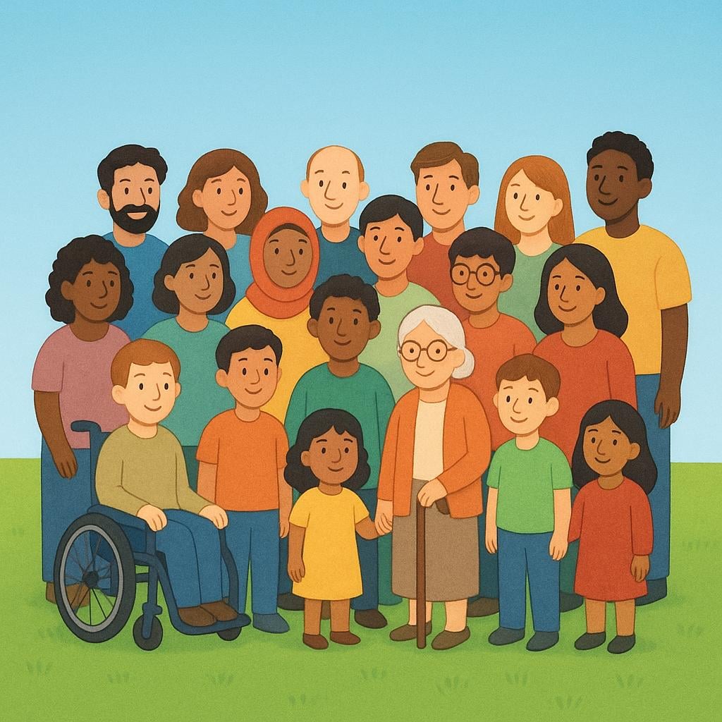 A large crowd of colorful people standing together in a park.