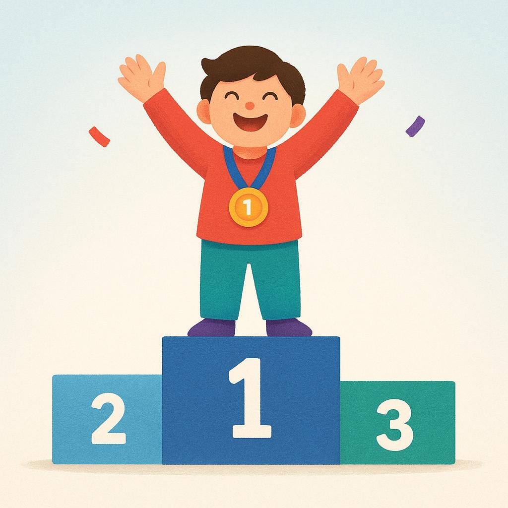 A joyful figure, representing an athlete, standing triumphantly on the highest platform of a three-tiered winner's podium, symbolizing the best achievement.