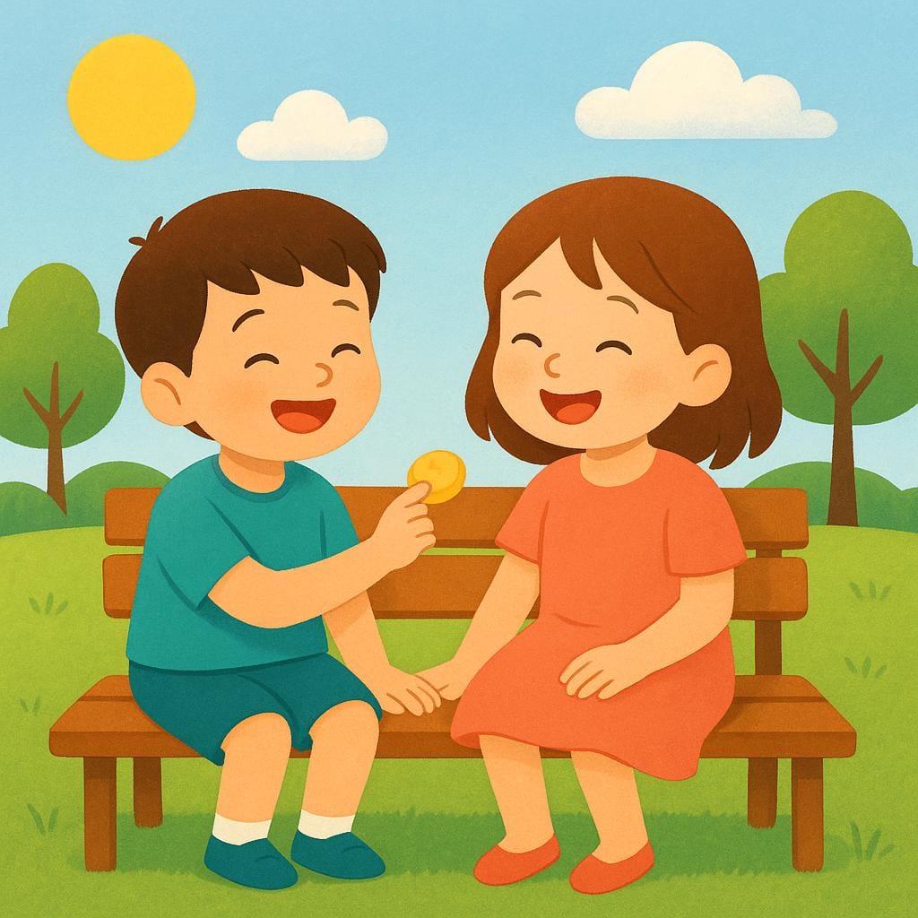 Two children, a boy and a girl, sitting on a park bench and sharing a snack, depicting close friendship.