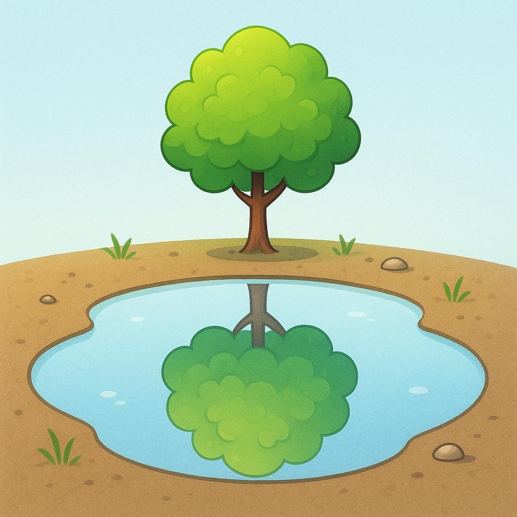 The clear, detailed reflection of a small green tree visible in a still puddle of water on the ground.