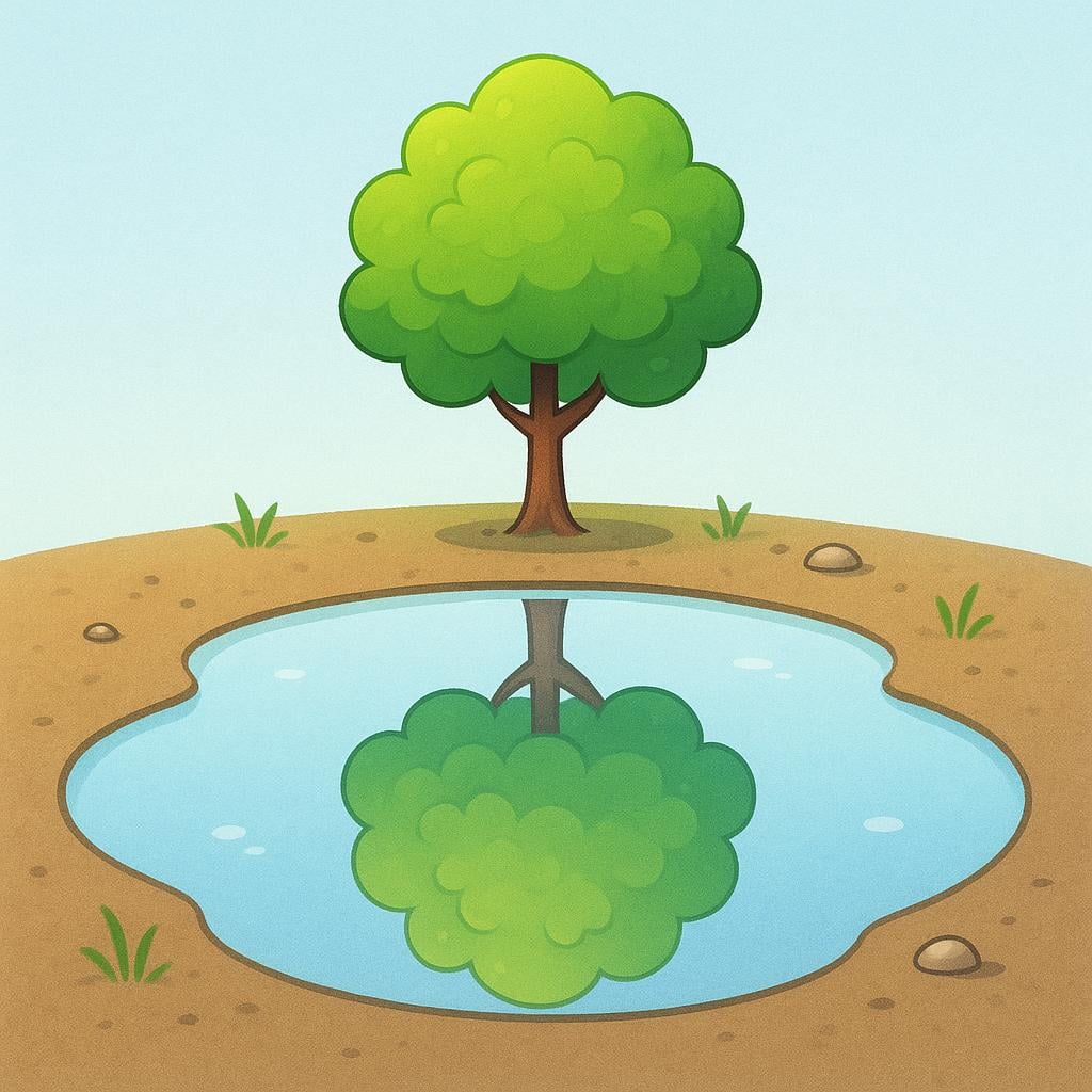 The clear, detailed reflection of a small green tree visible in a still puddle of water on the ground.