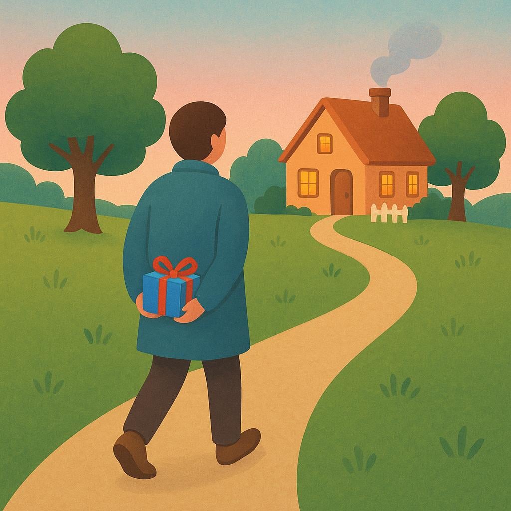 A person holding a small gift box and walking toward a distant house.