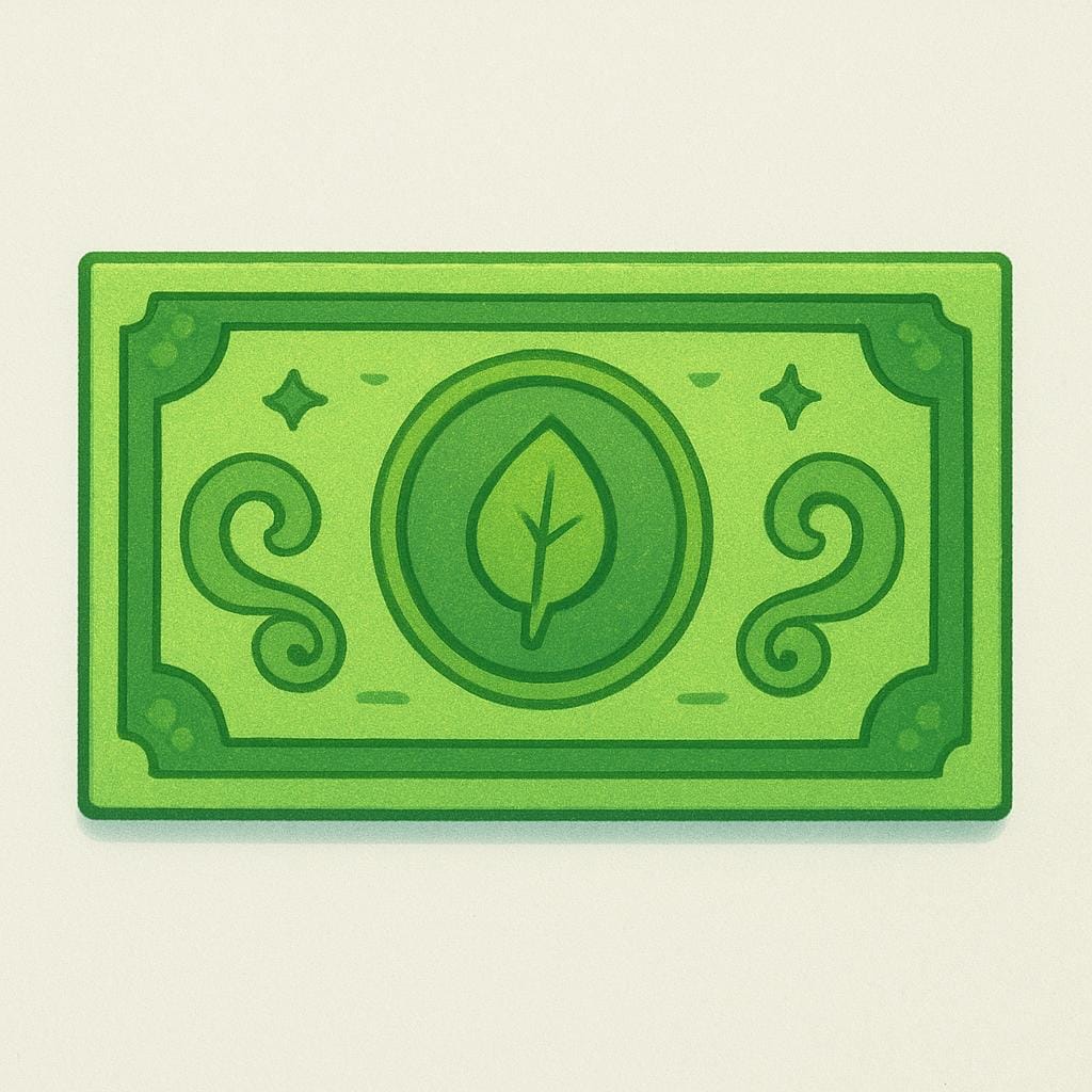 A single, stylized green paper banknote featuring a simple portrait illustration, representing paper money.