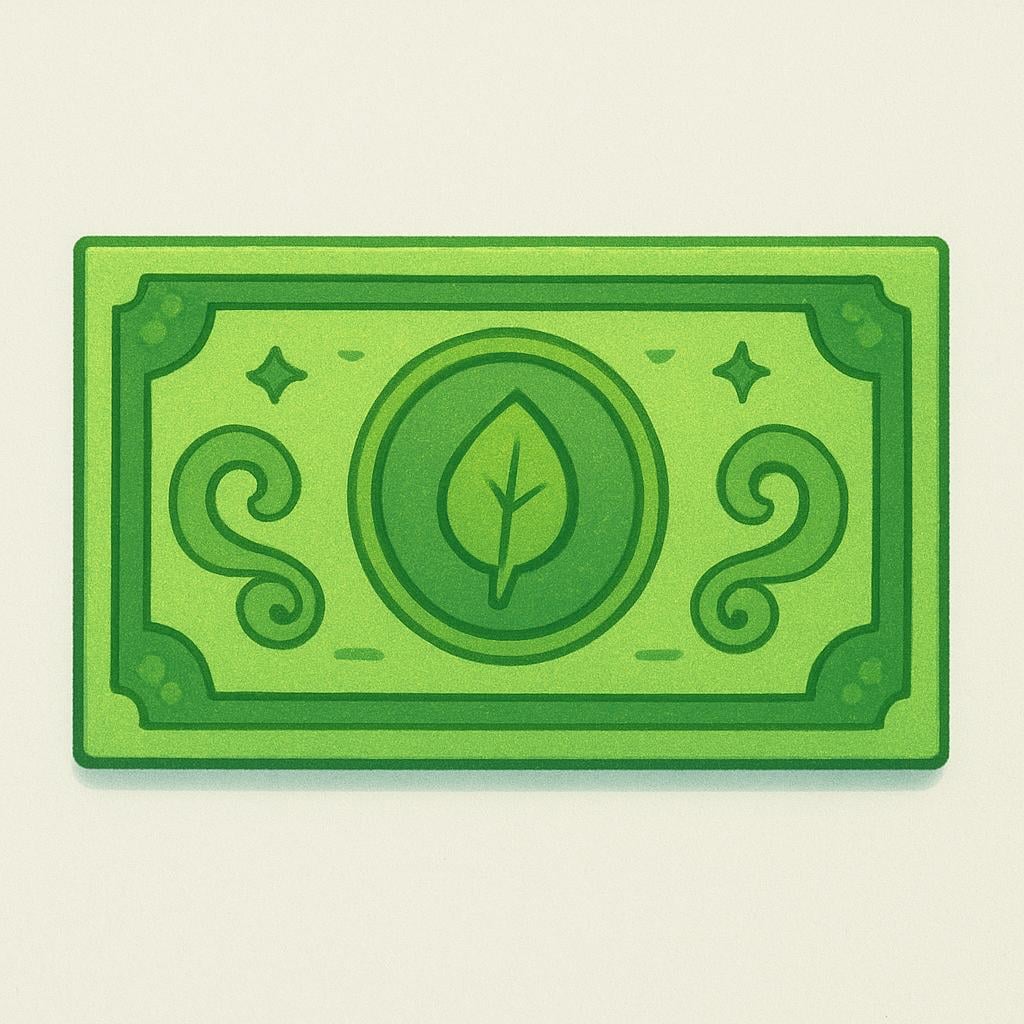 A single, stylized green paper banknote featuring a simple portrait illustration, representing paper money.