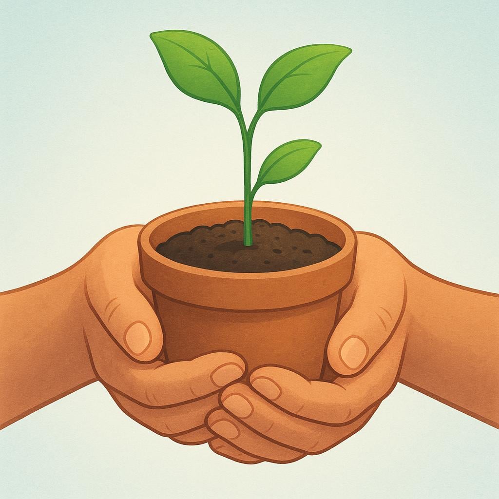 A person gently holding a fragile, potted sapling plant with both hands, showing careful protection.