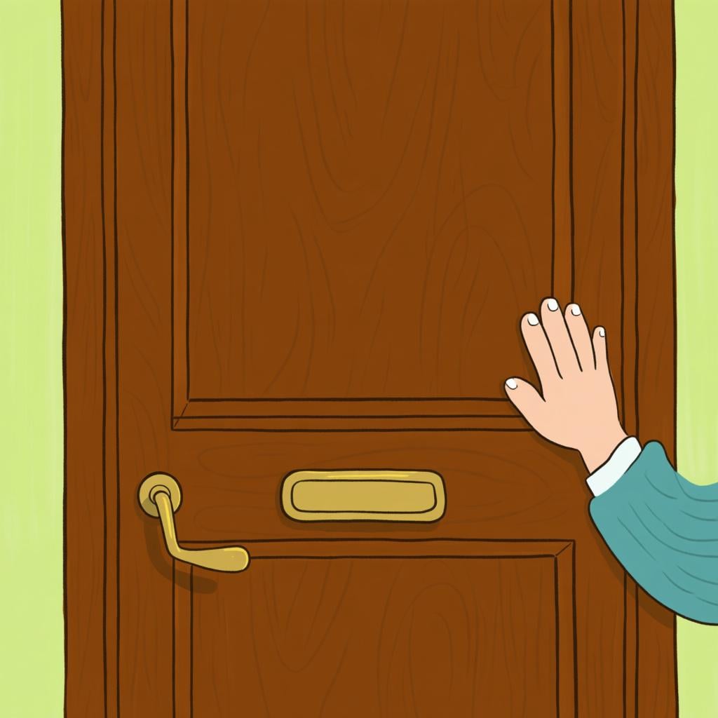 A close-up illustration of a human hand firmly knocking on a brown wooden door, representing a summons or communication.