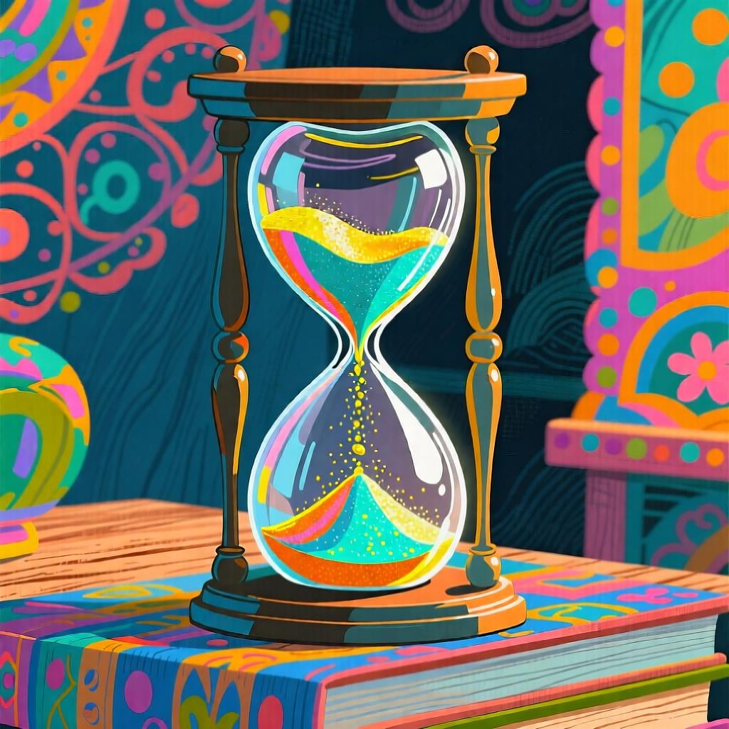 A brightly colored, traditional hourglass with sand actively streaming from the top bulb to the bottom, symbolizing the passing of time in small units.