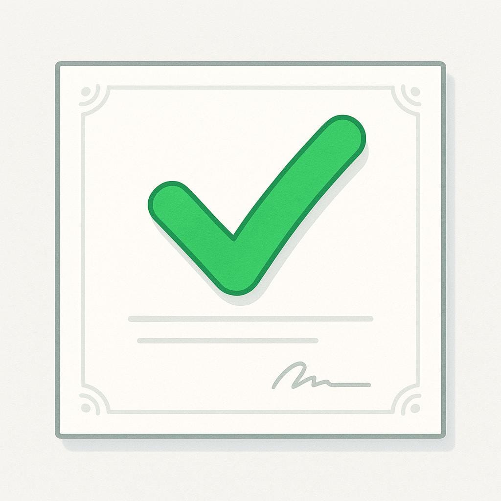 A pristine white certificate lying flat with a large, stylized, bright green checkmark stamped across its center, symbolizing approval.