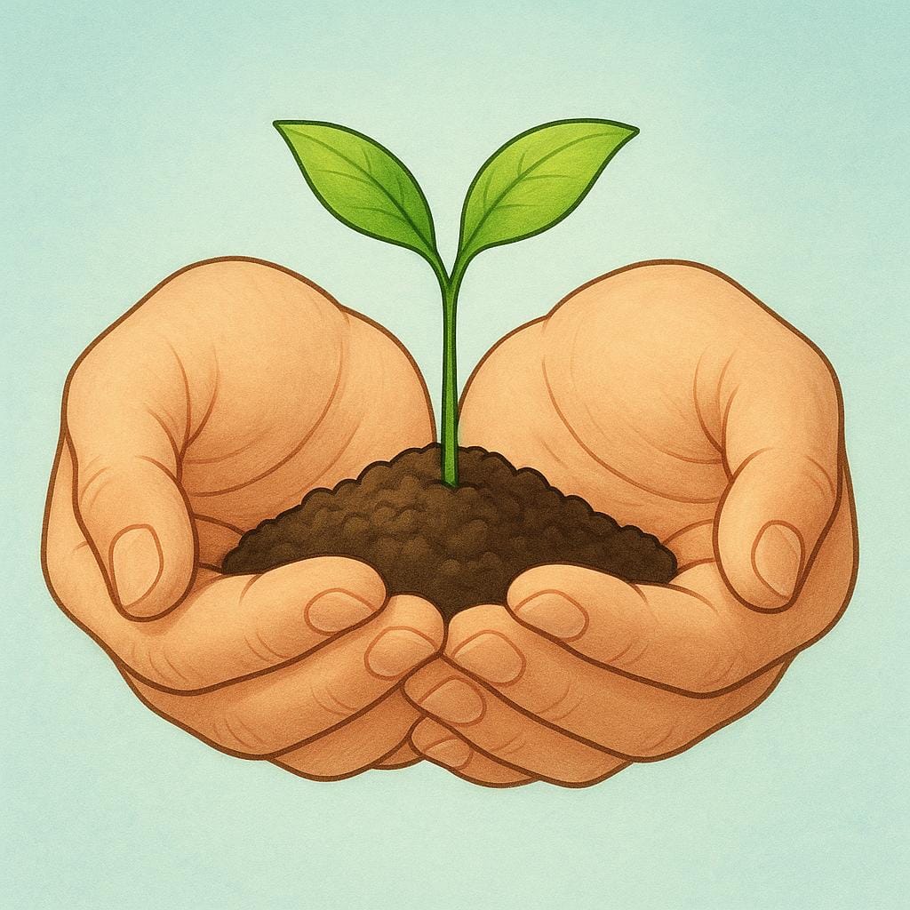A close-up view of two large, gentle hands carefully cradling a tiny, healthy green plant sprout, symbolizing nurturing and care.