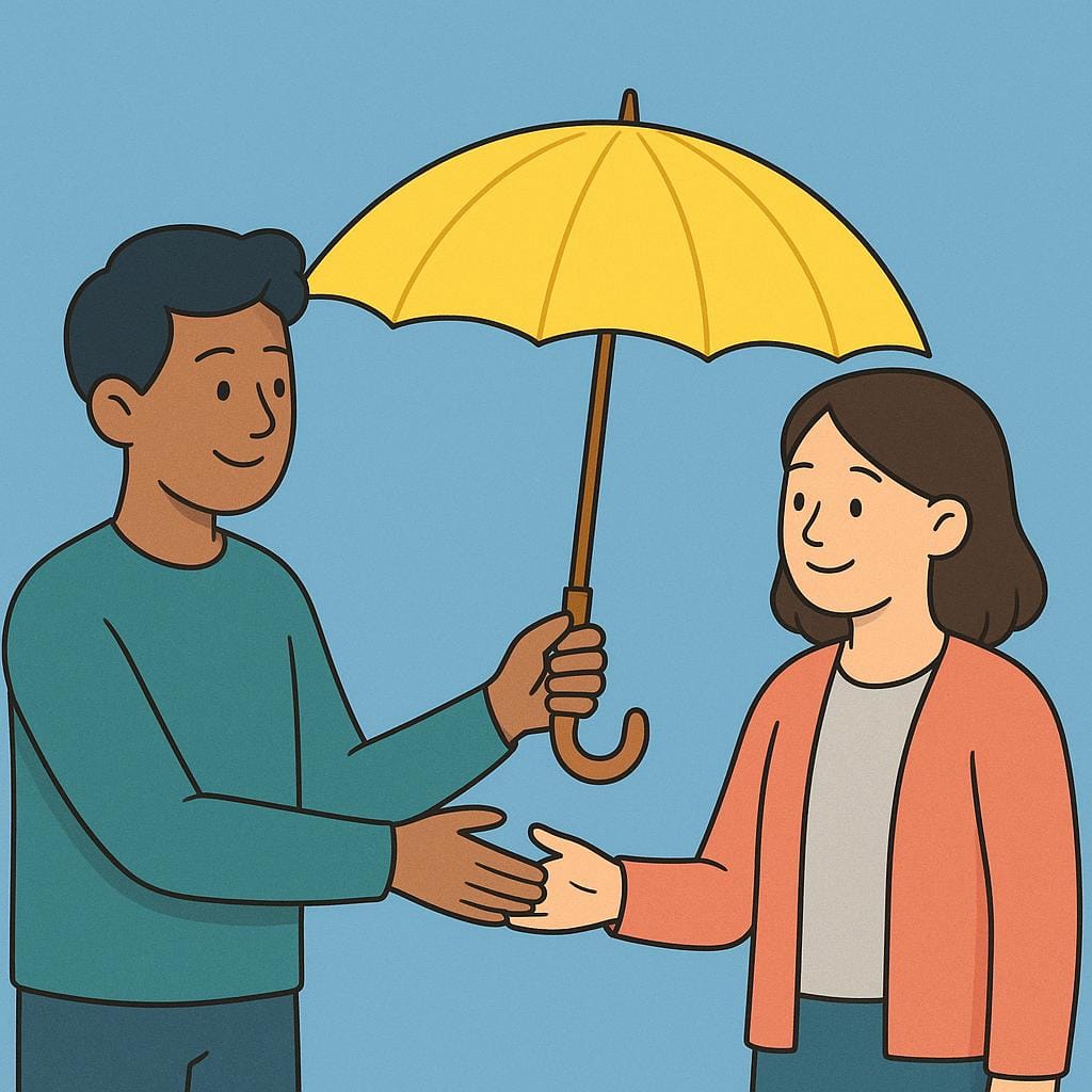 A friendly person handing a colorful umbrella to a friend during a rain shower.