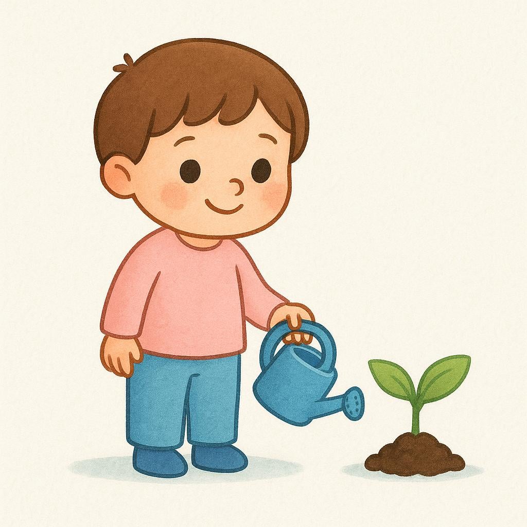 A small child stands next to a tiny green seedling, holding an empty blue watering can, anticipating the future need for water.