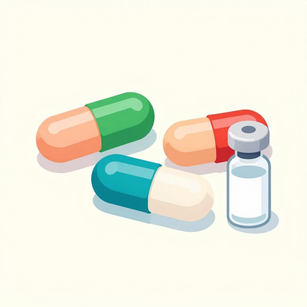 A colorful illustration of several medical capsules and a small glass vial.