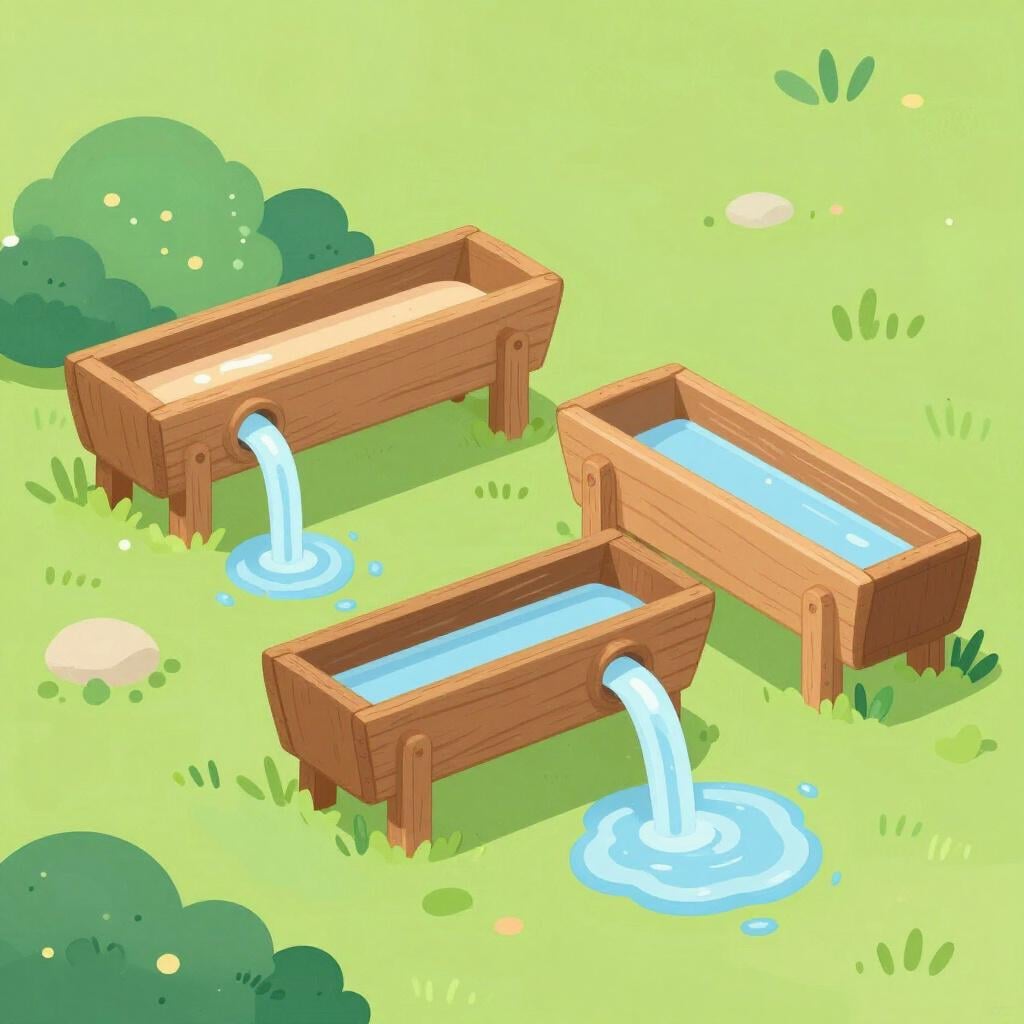 A series of interconnected wooden pipes carrying water from one garden bed to another.