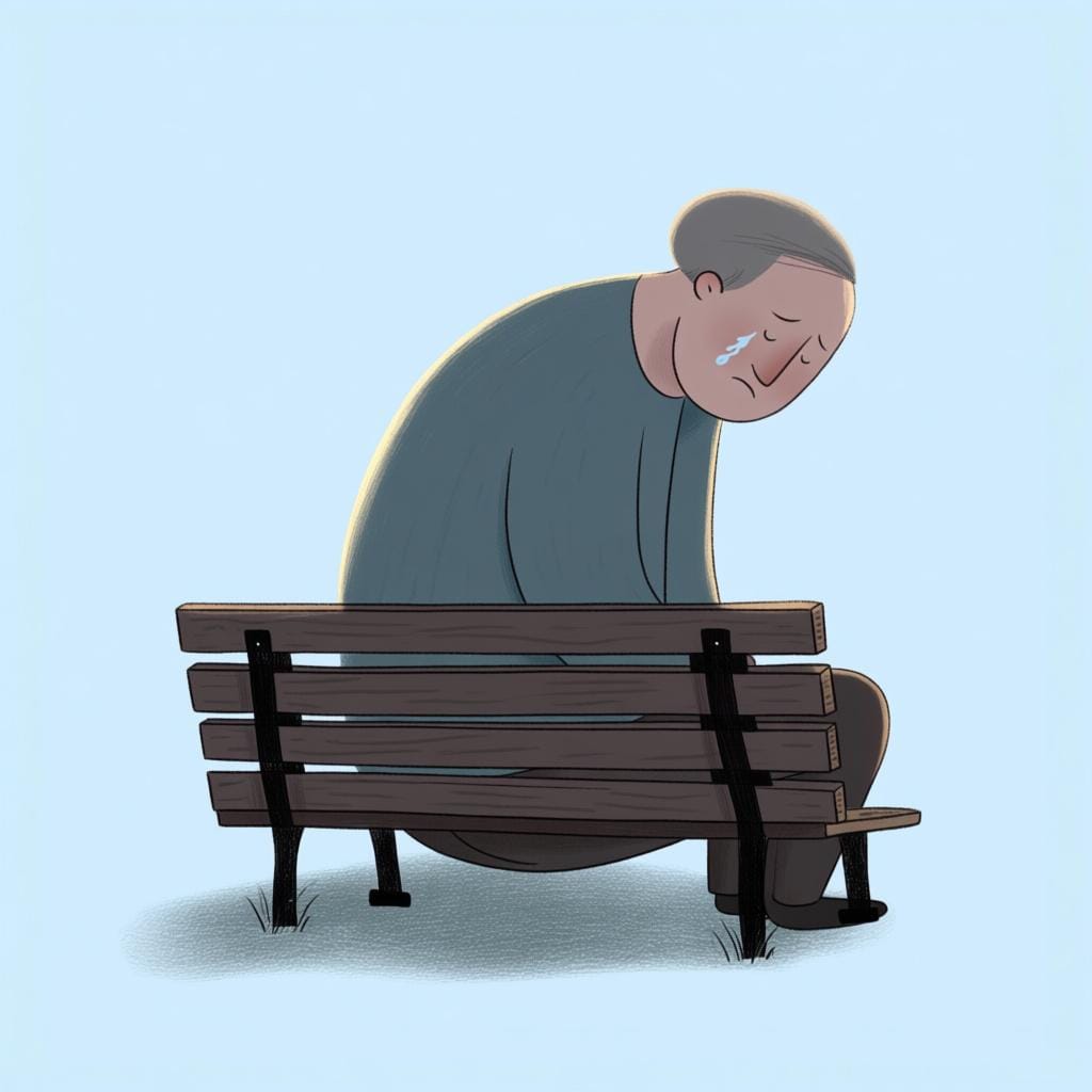A solitary figure sitting quietly on a bench with a slumped posture and a tear trace visible on their cheek, conveying deep sorrow or grief.