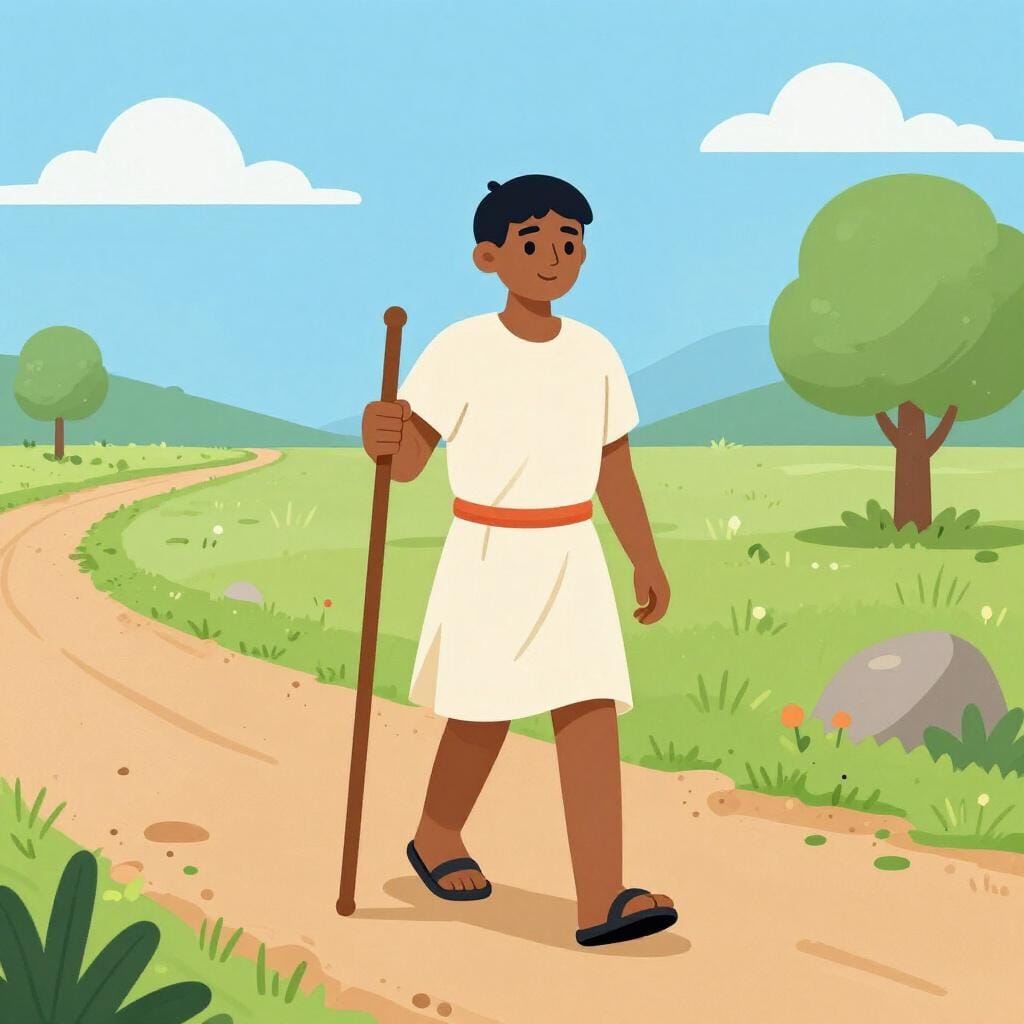 Un homme en robe simple de l'Antiquité marchant le long d'un chemin poussiéreux avec un bâton de bois.