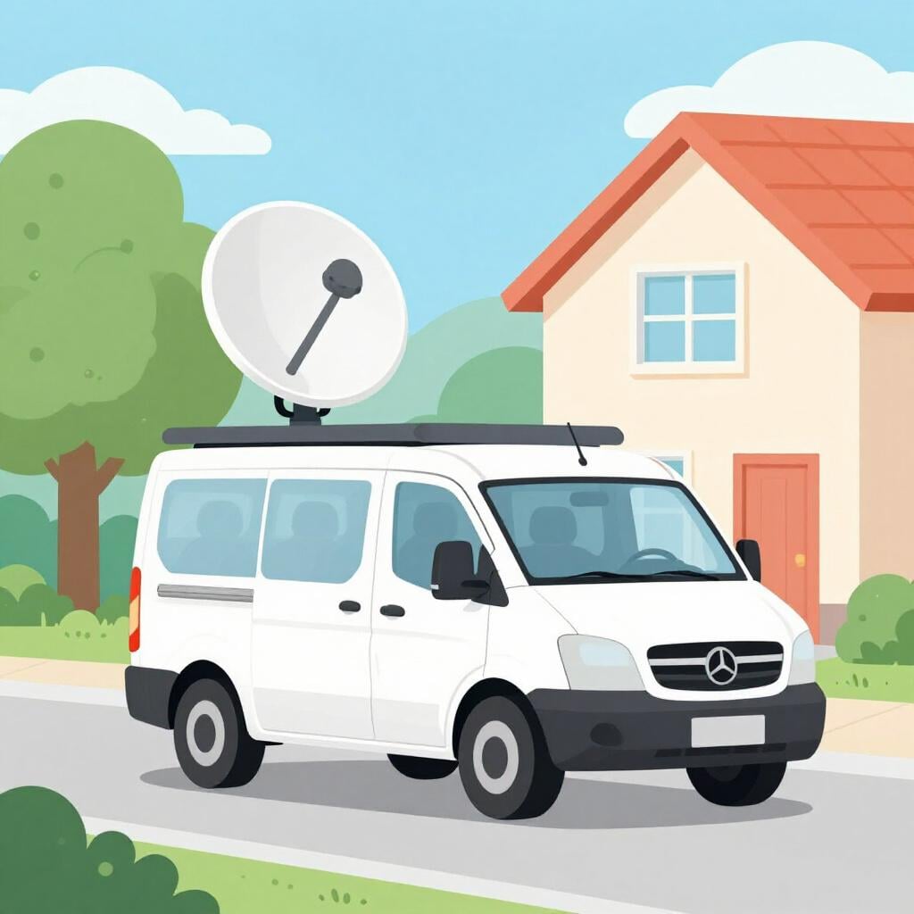 Un camion colorato con un'antenna satellitare in cima che fornisce servizi a una piccola casa.
