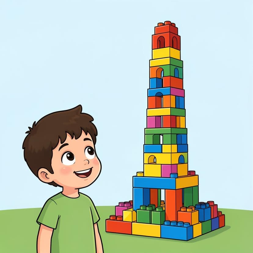 A child looking up in awe at a tall, colorful tower made of building blocks.