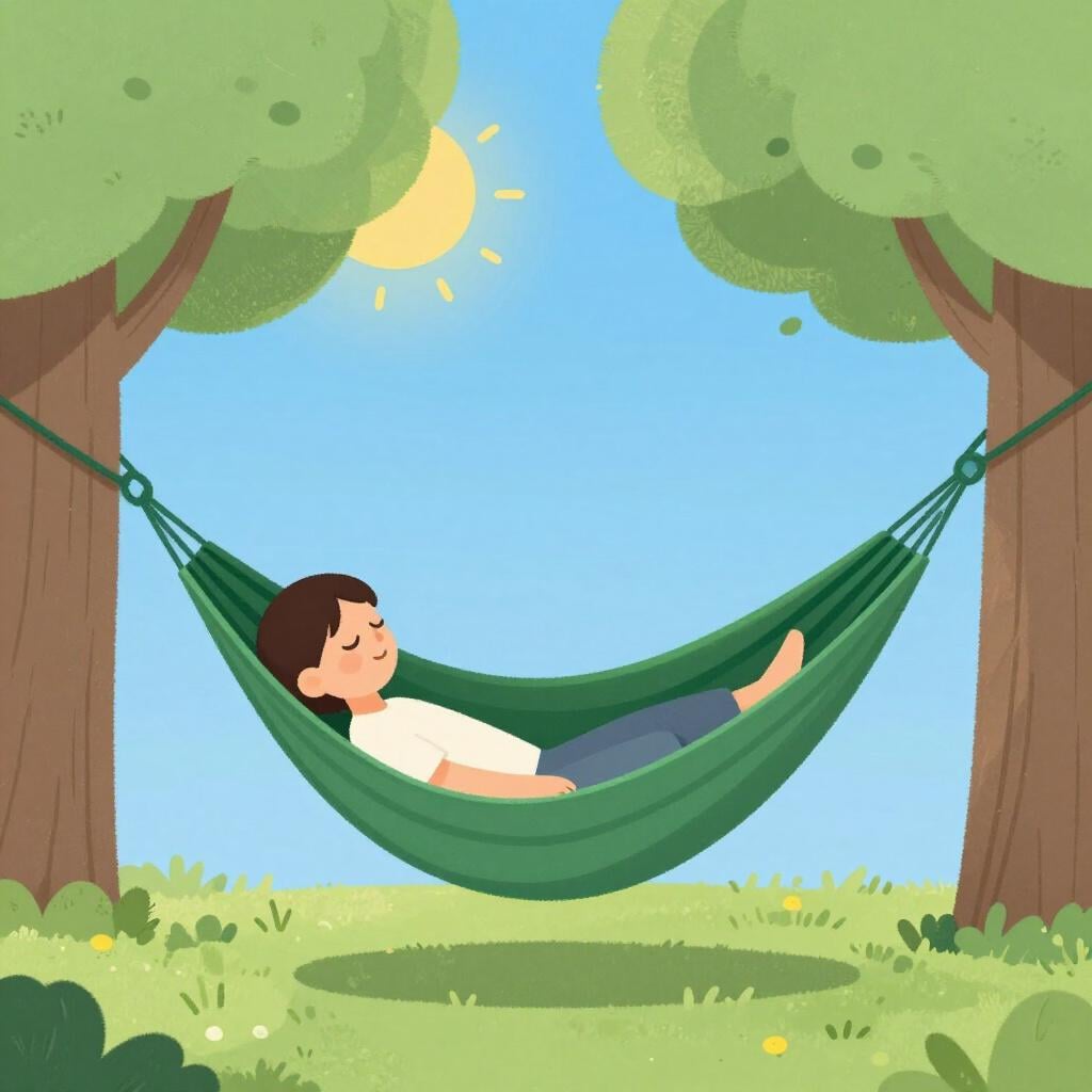 A person relaxing peacefully in a hammock with a slight smile, looking calm.