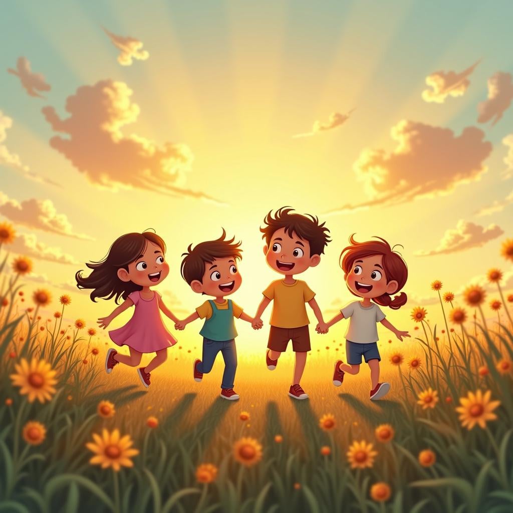 A diverse group of four children, two boys and two girls, holding hands and running through a field.