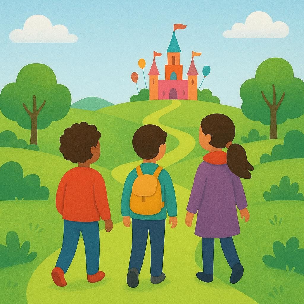 Une illustration de livre d'histoires stylisée de haute qualité montrant trois amis stylisés marchant ensemble sur un chemin vert vif, s'éloignant du spectateur vers un point de repère coloré et lointain à l'horizon.