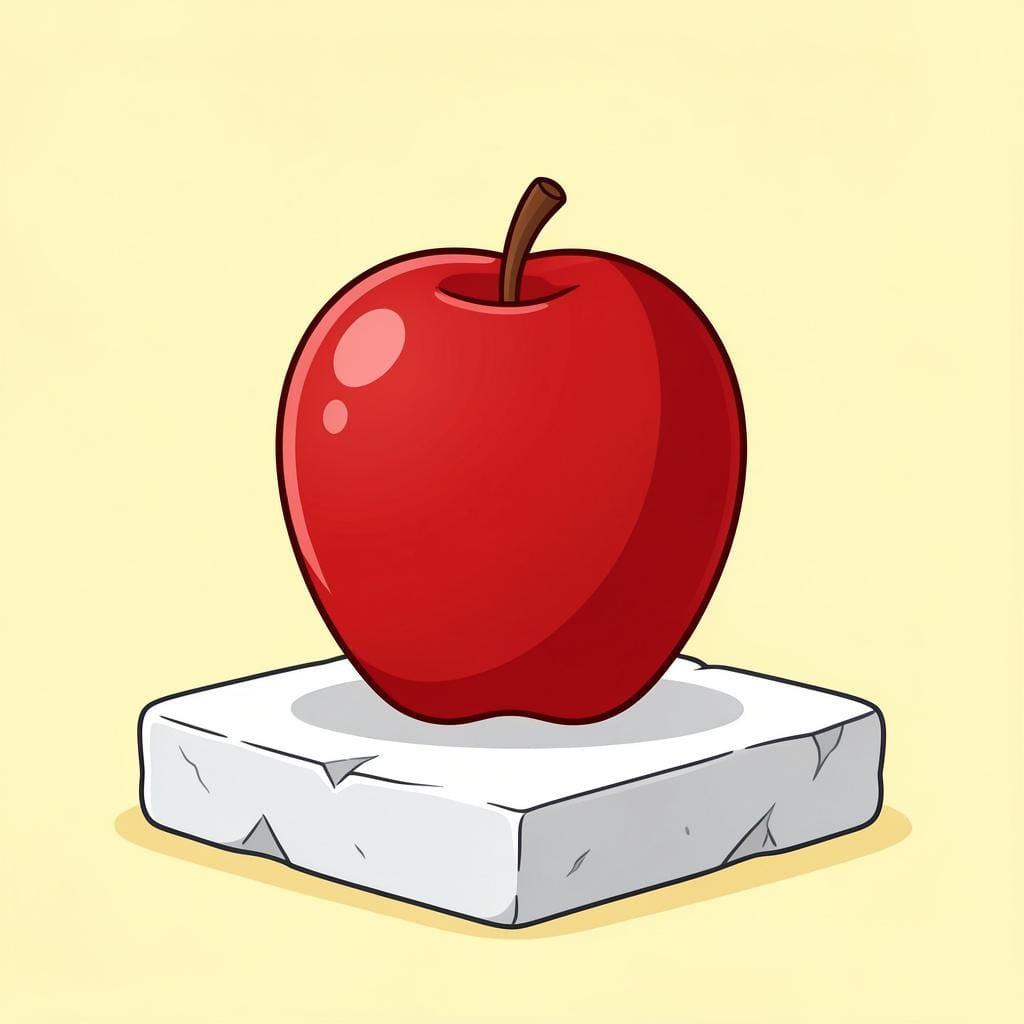 Een enkele, perfecte rode appel die alleen op een effen wit voetstuk staat.