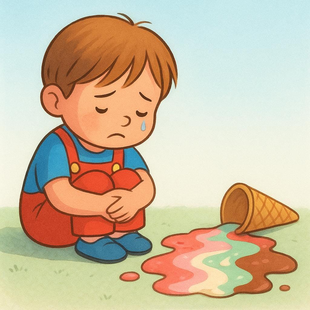 A child sitting on the ground looking sad next to a large puddle of spilled, melted ice cream, illustrating a bad situation.