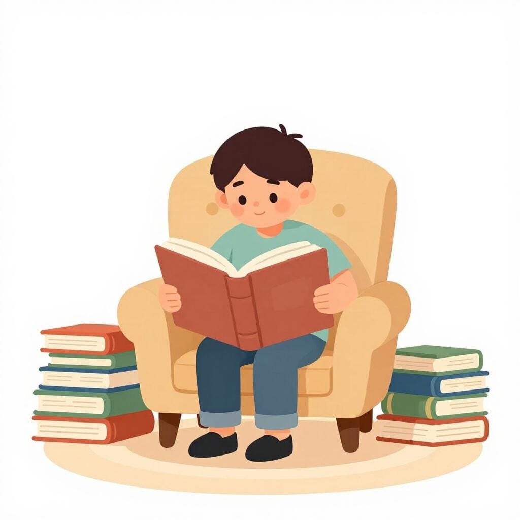 Une personne assise dans un fauteuil confortable, profondément concentrée sur la lecture d'un grand livre ouvert, ignorant son environnement.