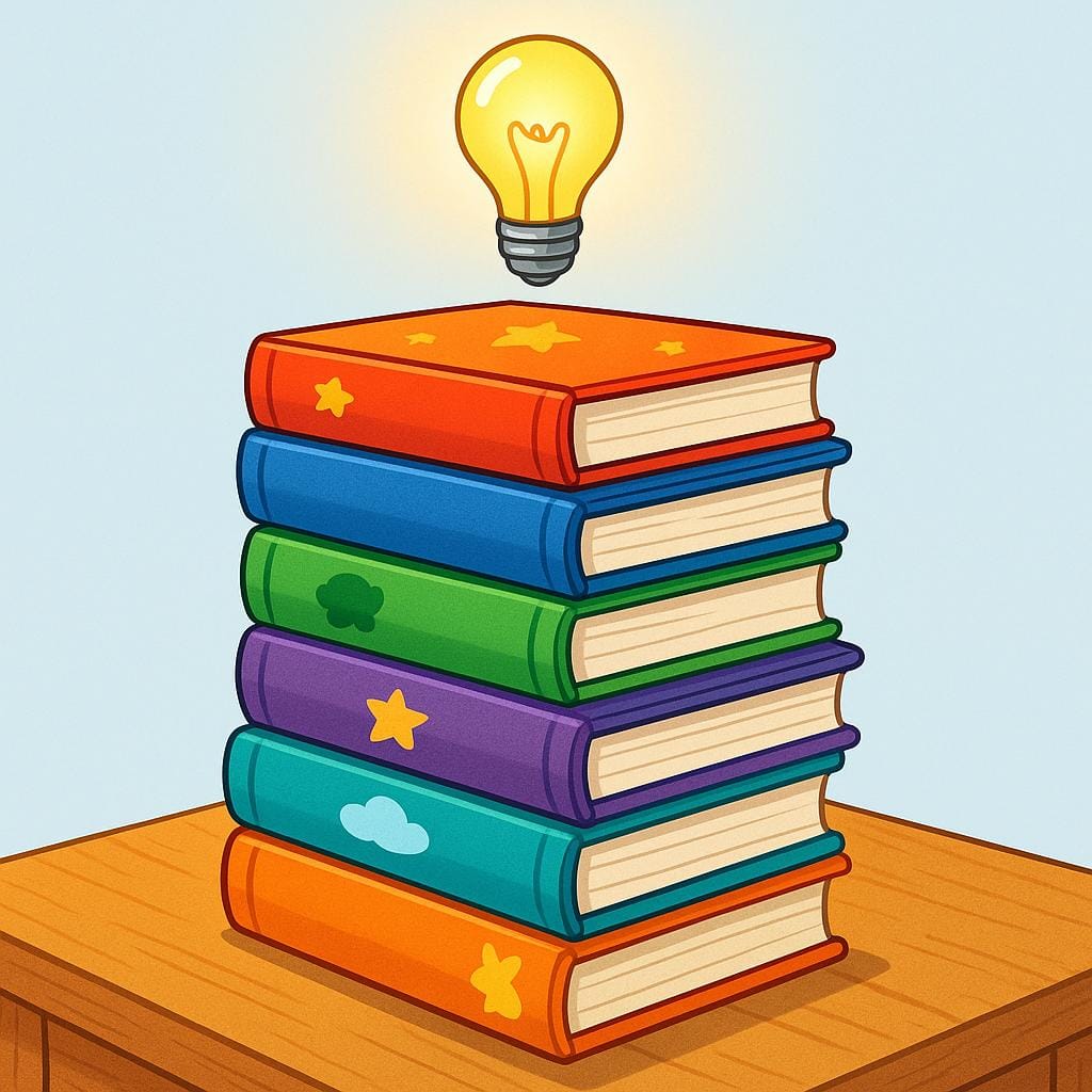 A tall stack of colorful, closed storybooks resting on a surface, with a bright glowing yellow lightbulb floating directly above them, symbolizing accumulated knowledge.