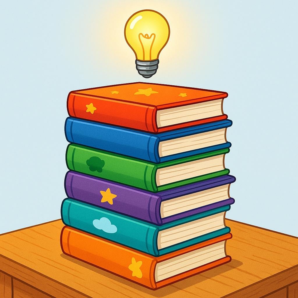 A tall stack of colorful, closed storybooks resting on a surface, with a bright glowing yellow lightbulb floating directly above them, symbolizing accumulated knowledge.