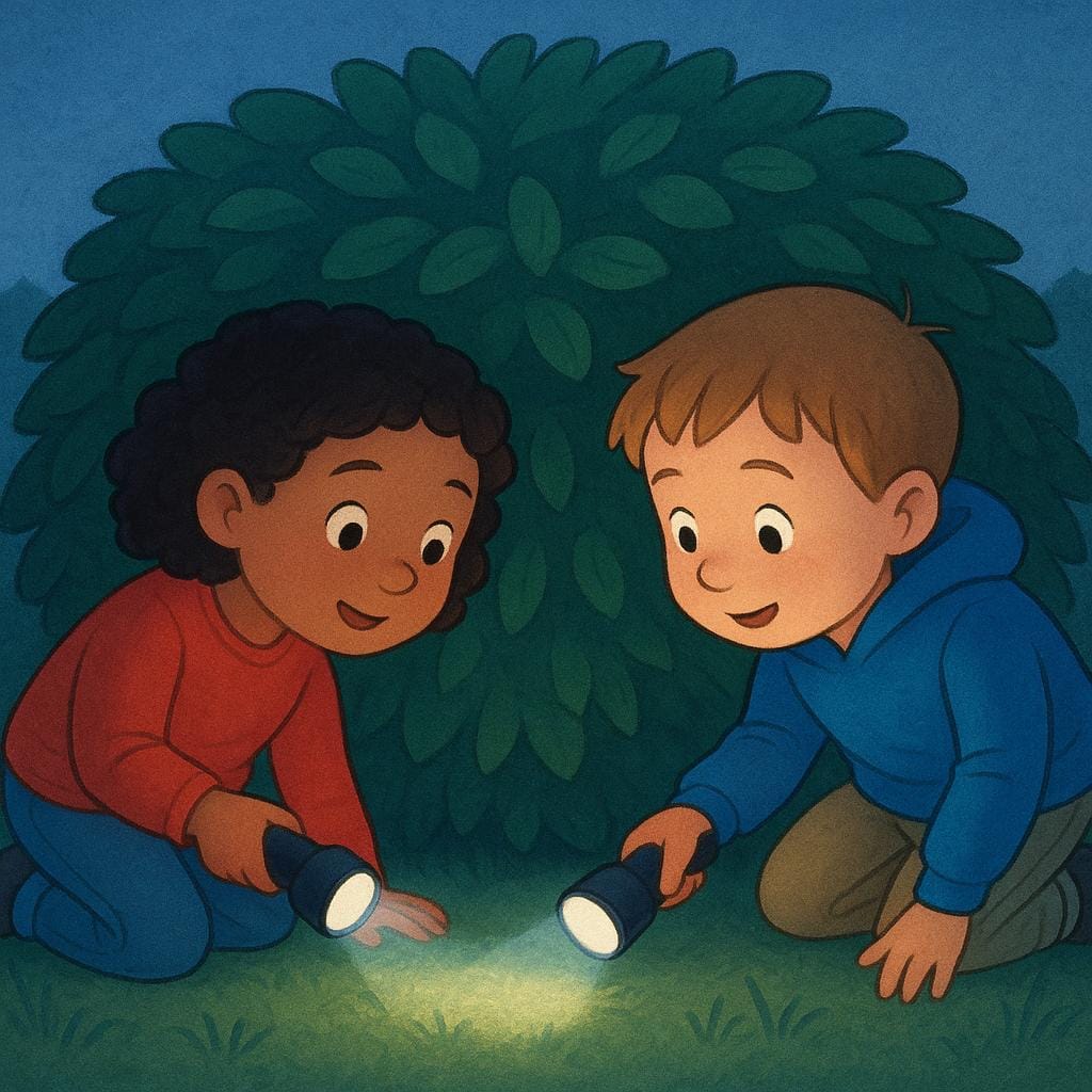A colorful storybook illustration showing two children kneeling side-by-side, actively peering under a large, leafy green bush. They are holding small flashlights to aid their search.