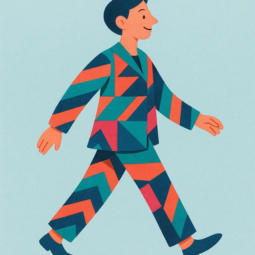 A drawing of a smiling figure wearing a brightly patterned, oversized coat and matching hat, illustrating a style of dress.