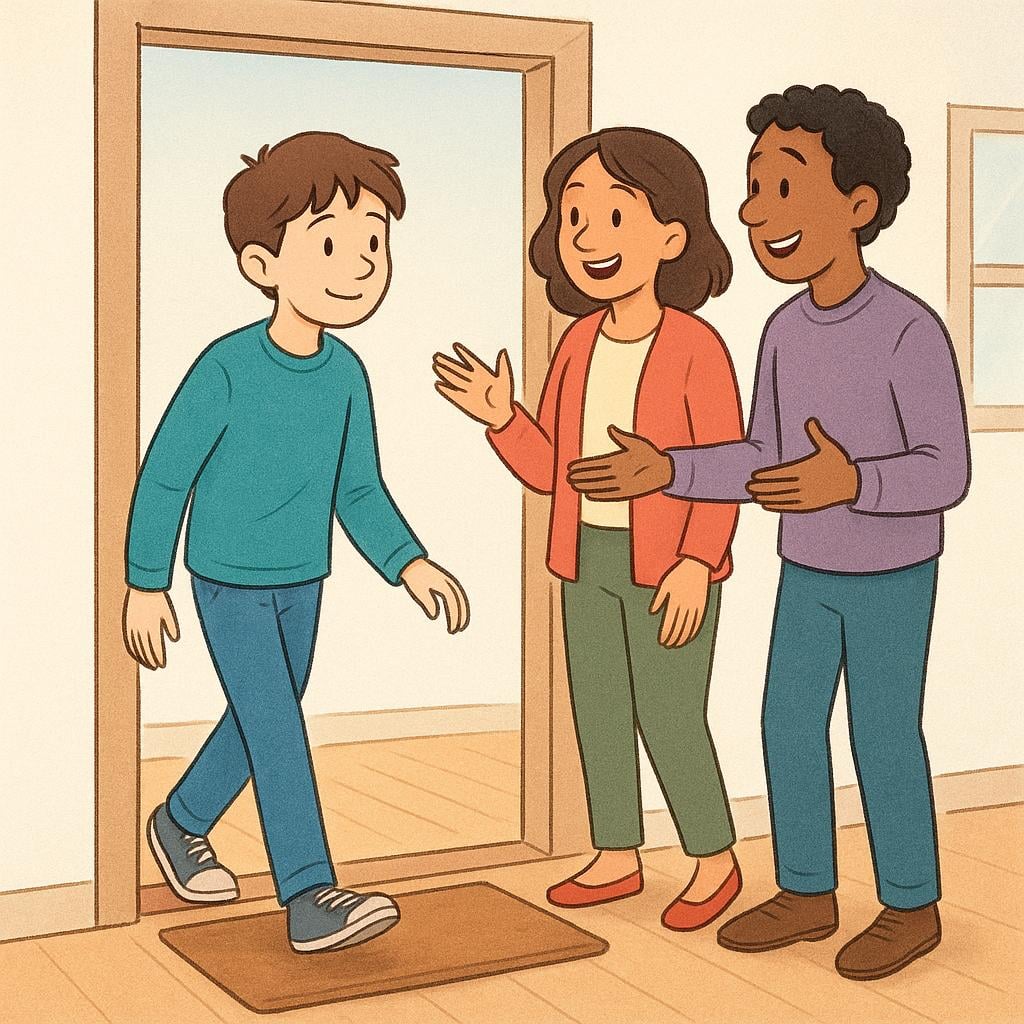 A young person cautiously stepping across a distinct boundary to join two other people who are having an animated conversation, symbolizing involvement.