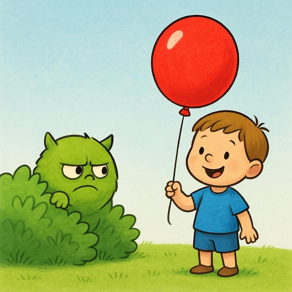 Une petite figurine de monstre vert se cachant derrière un buisson, observant intensément un enfant heureux tenant un grand ballon rouge vif. Le monstre semble envieux.