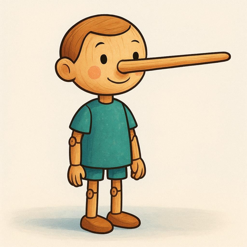 A simple wooden puppet figure standing against a plain background. The puppet's nose is exaggeratedly long, symbolizing a lie.