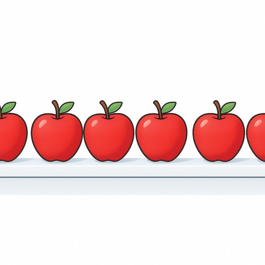 A row of identical red apples perfectly aligned on a white shelf.