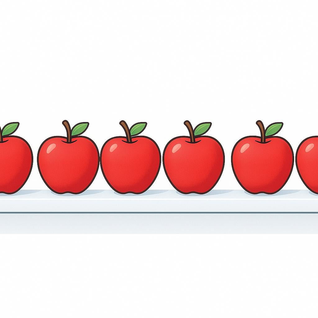 A row of identical red apples perfectly aligned on a white shelf.