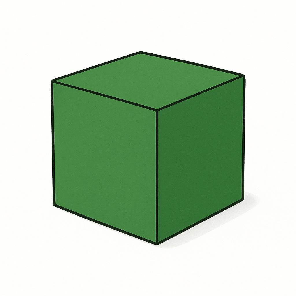 A simple illustration of a solid green cube with a completely non-reflective, flat matte surface finish.