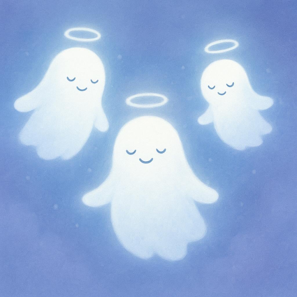 A storybook illustration showing three soft, glowing, ethereal white figures floating upwards against a gentle gradient of blue and purple sky.