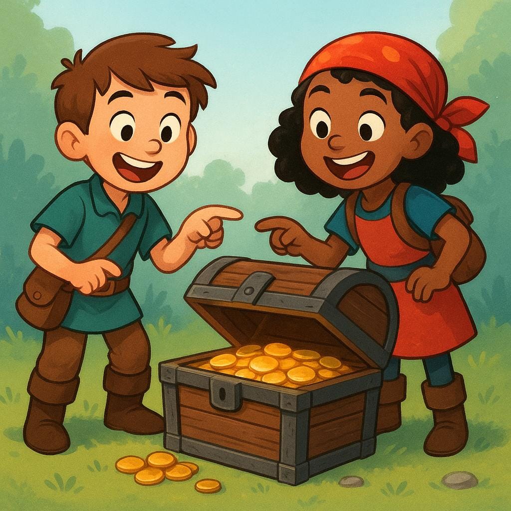 Due bambini sorridenti, un maschio e una femmina vestiti da avventurieri, in piedi eccitati accanto a un forziere del tesoro di legno appena scoperto e leggermente aperto, pieno di monete d'oro scintillanti, a simboleggiare il ritrovamento di qualcosa di prezioso.