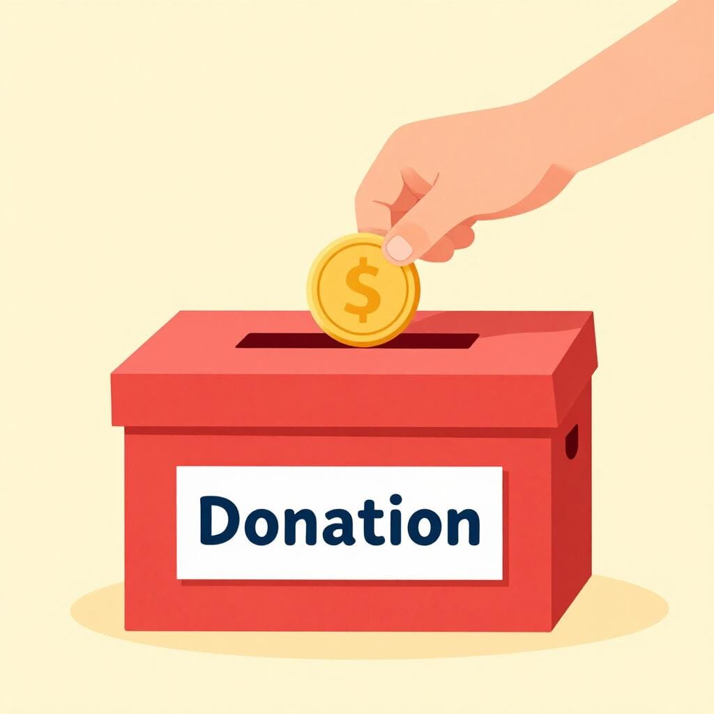 A child placing a gold coin into a colorful charity donation box.