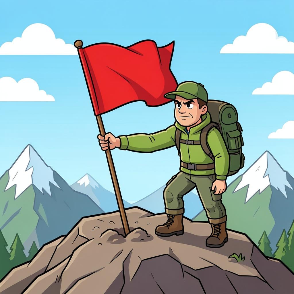 A mountain climber planting a flag firmly at the peak of a high mountain.