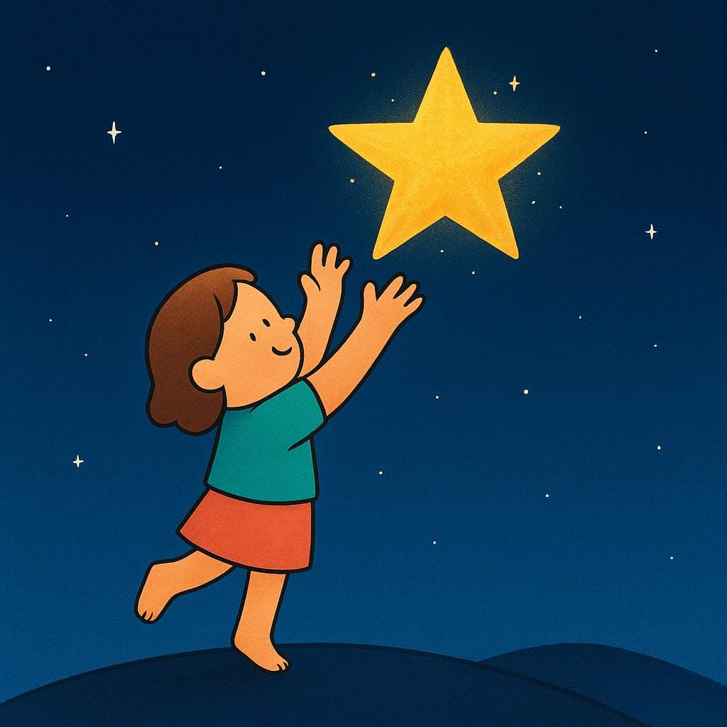A simplified illustration showing a person reaching upwards with great effort towards a bright, shimmering star in the night sky.