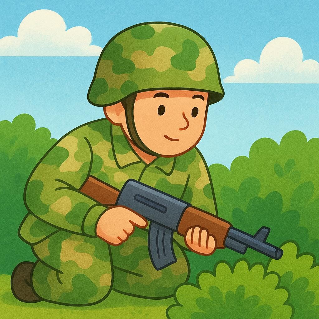A drawing of a soldier wearing camouflage and a helmet, crouching low in a jungle setting, symbolizing a special forces soldier.