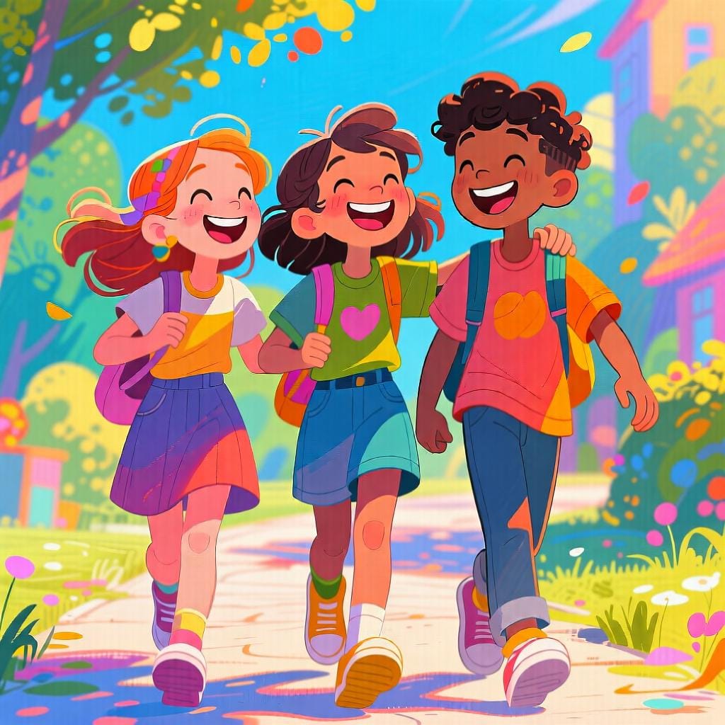 A diverse group of three young people laughing and walking together outdoors.