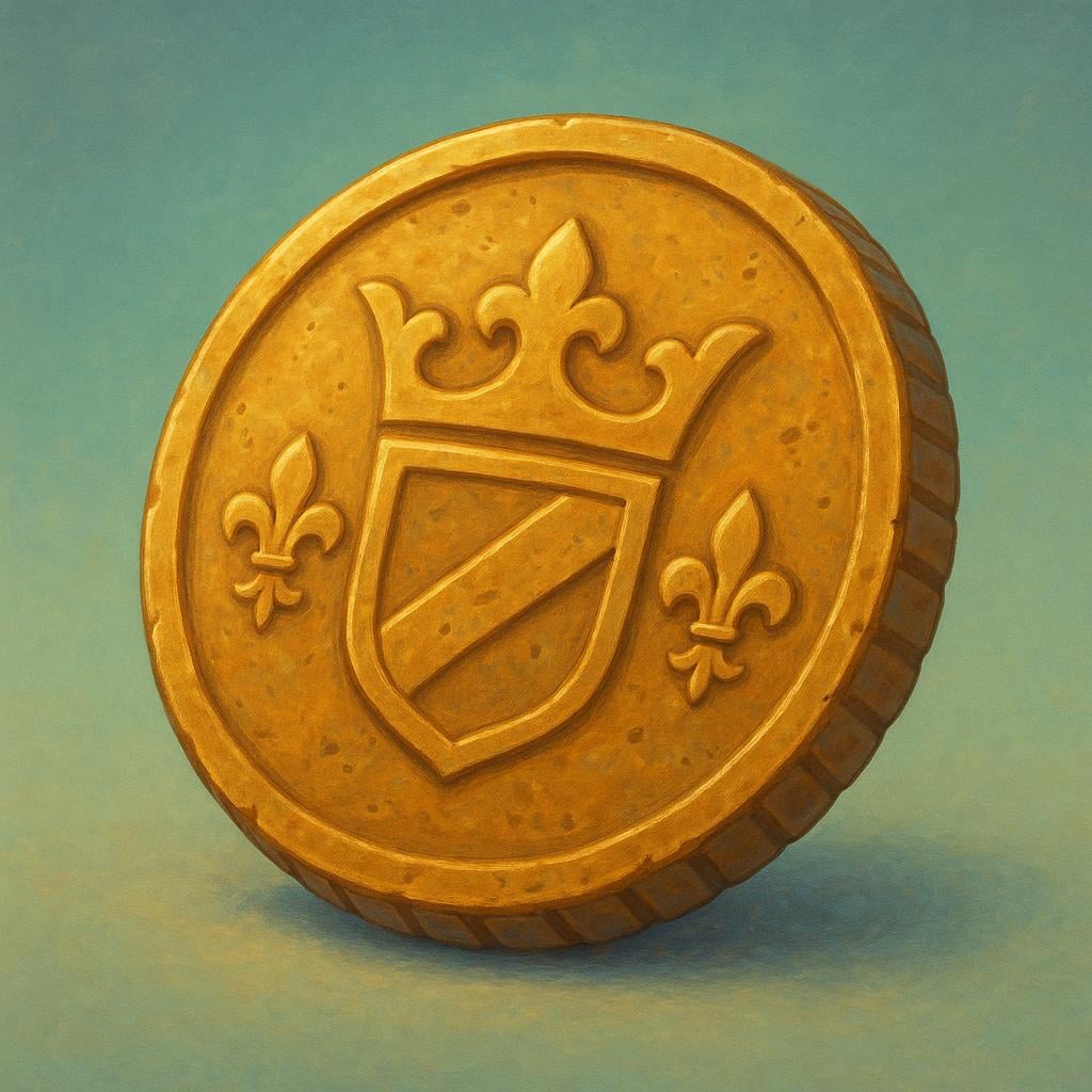 A single, large, antique gold coin with an ornate, non-textual historical crest stamped on its surface.