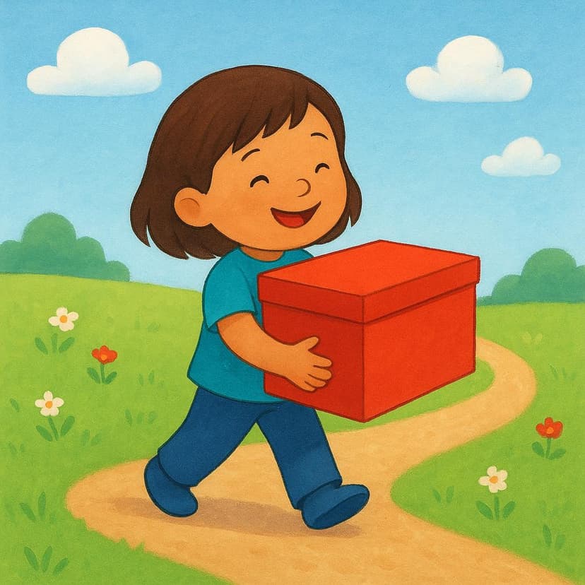 A young person smiling while carrying a large, brown suitcase away from a small house.