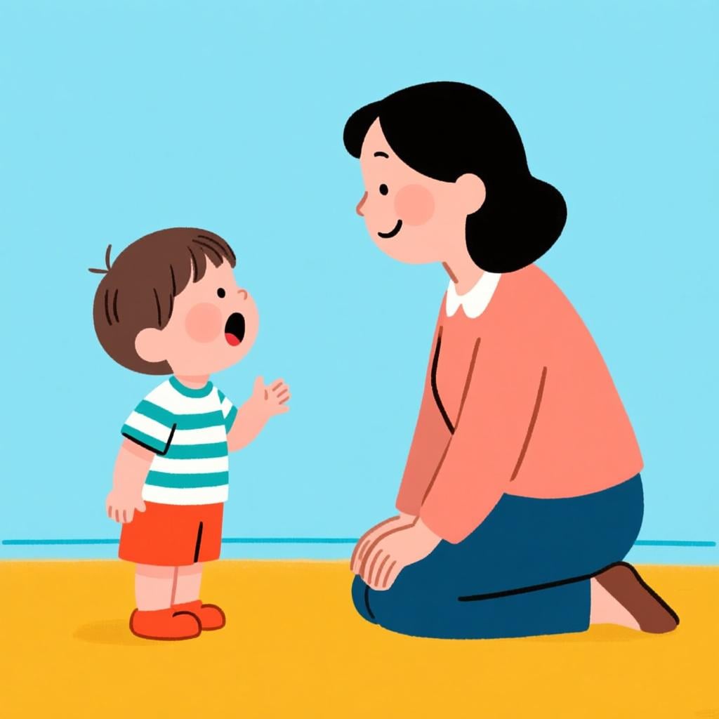 A child speaking clearly to an adult who is leaning in to listen intently, illustrating the action of 'you say' or 'you tell'.