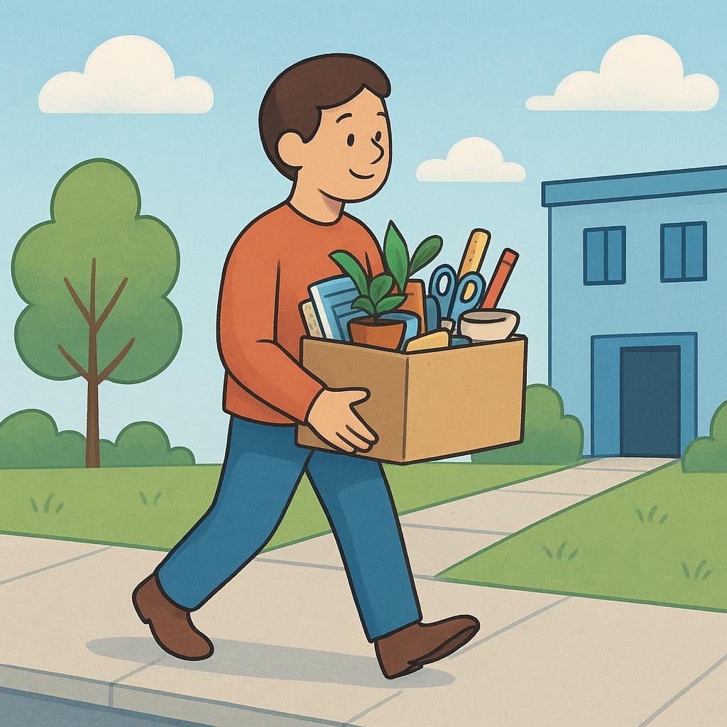 A person carrying a cardboard box away from a large office building.
