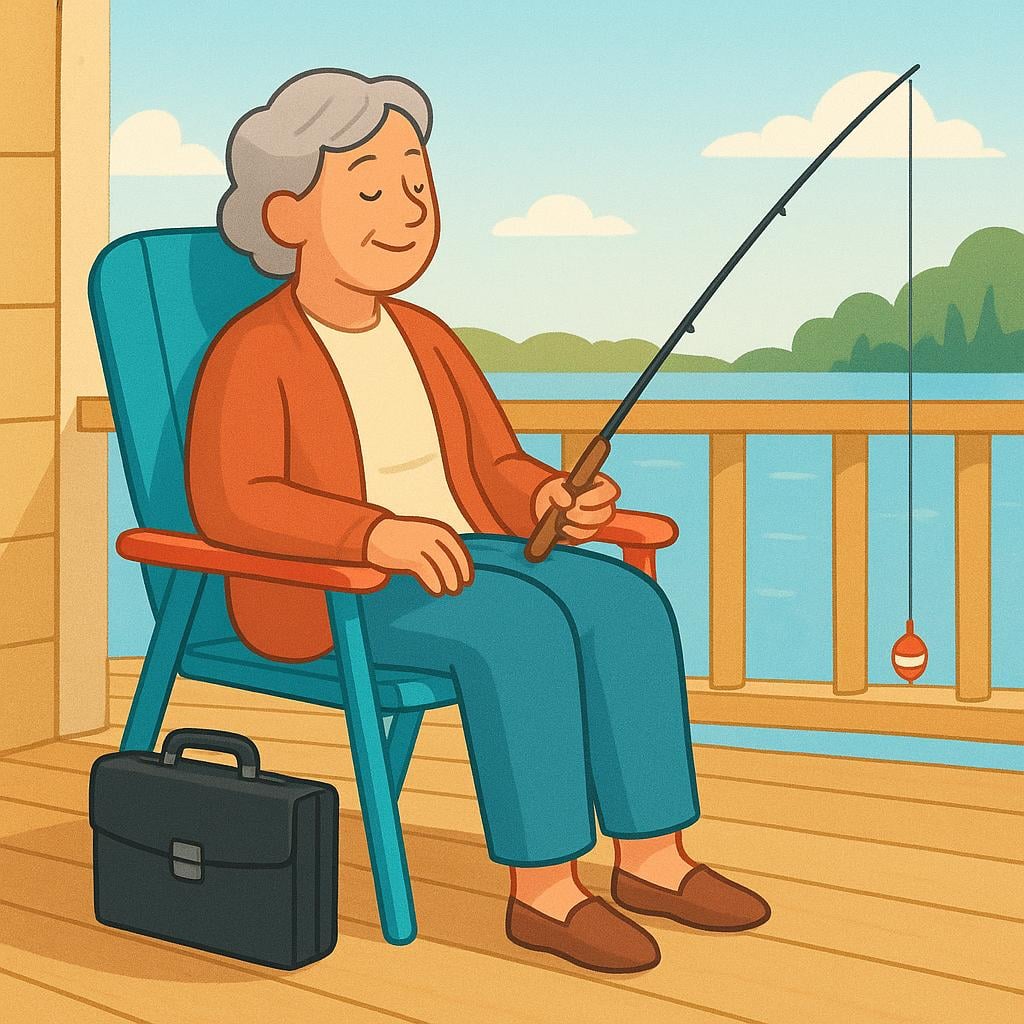 A smiling older person in casual clothes sitting comfortably in a brightly colored chair on a porch. They are holding a fishing rod, and a closed, formal briefcase rests untouched on the floor beside them, symbolizing the end of a career.